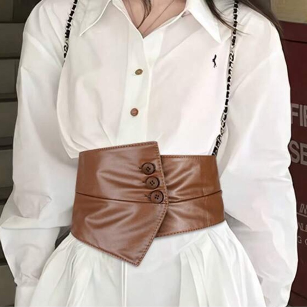 Vegan Leather Wide Corset Assymetrical Belt in Light Brown - Picture 3 of 12